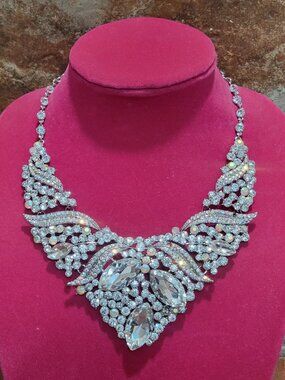 Silver Toned Bib Statement Necklace Clear Rhinestones Crystals